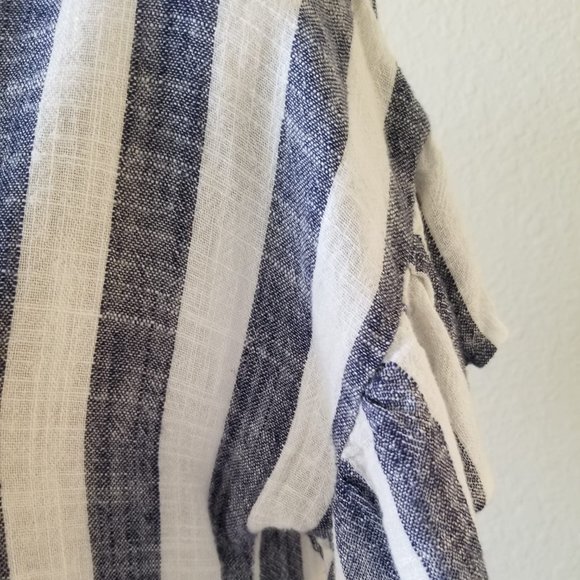 Whispers New York Womens 100% Linen Ruffle Sleeve Top Blouse Blue White Stripe S - Picture 2 of 4